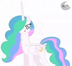 Size: 1024x941 | Tagged: safe, artist:princesslunayay, derpibooru import, princess celestia, alicorn, pony, belly fluff, butt fluff, chest fluff, deviantart, deviantart watermark, ear fluff, female, imminent vore, licking, licking lips, logo, looking at you, mare, missing accessory, multicolored mane, obtrusive watermark, simple background, smiling, smiling at you, solo, tongue out, watermark, white background