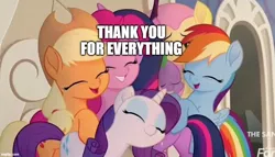 Size: 872x500 | Tagged: alicorn, applejack, caption, cropped, derpibooru import, discovery family logo, edit, edited screencap, fluttershy, group hug, heartwarming, hug, image macro, mane seven, mane six, my little pony: the movie, pinkie pie, positive ponies, rainbow dash, rarity, safe, screencap, spike, text, twilight sparkle, twilight sparkle (alicorn)