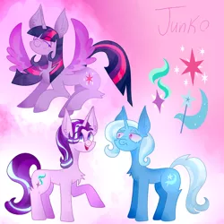 Size: 1200x1200 | Tagged: safe, artist:junko, derpibooru import, starlight glimmer, trixie, twilight sparkle, twilight sparkle (alicorn), alicorn, pony, unicorn, big ears, chest fluff, digital art, ear fluff, flying, frown, full body, great and powerful, jealous, open mouth, paint tool sai, raised eyebrow, raised hoof, simple background, smiling, smug, spread wings, standing, trixie is not amused, unamused, wings