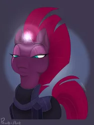 Size: 1249x1656 | Tagged: safe, artist:pawb-art, derpibooru import, tempest shadow, unicorn, my little pony: the movie, abstract background, armor, broken horn, bust, eye scar, female, frown, glowing horn, horn, lidded eyes, mare, portrait, scar, signature, solo