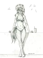 Size: 1000x1345 | Tagged: suggestive, artist:baron engel, derpibooru import, sunburst, anthro, unguligrade anthro, unicorn, bikini, breasts, busty sunstone, clothes, glasses, monochrome, pencil drawing, rule 63, solo, sunstone (g4 r63 sunburst), swimsuit, traditional art