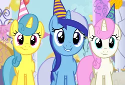 Size: 1371x936 | Tagged: safe, derpibooru import, screencap, lemon hearts, minuette, twinkleshine, pony, unicorn, amending fences, cropped, cute, hat, looking at you, minubetes, party hat, smiling, trio