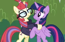 Size: 1455x936 | Tagged: safe, derpibooru import, screencap, moondancer, twilight sparkle, twilight sparkle (alicorn), alicorn, pony, unicorn, amending fences, bipedal, cropped, duo, excited, glasses, smiling, wings