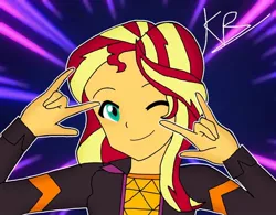 Size: 768x600 | Tagged: safe, alternate version, artist:kriss_thearts_8, derpibooru import, sunset shimmer, equestria girls, abstract background, bust, clothes, devil horn (gesture), female, one eye closed, signature, smiling, solo, wink