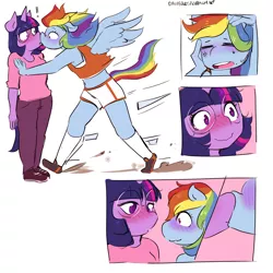 Size: 2500x2500 | Tagged: safe, artist:rainbowsprinklesart, derpibooru import, rainbow dash, twilight sparkle, anthro, pegasus, unicorn, accident, accidental kiss, alternate hairstyle, belly button, blushing, blushing profusely, breasts, clothes, comic, cute, delicious flat chest, dust, eyes closed, female, floppy ears, glasses, head scratch, heart eyes, kissing, lesbian, lidded eyes, motion lines, open mouth, pants, passionate, pinned, round glasses, running, running shoes, shipping, shoes, short shirt, shorts, simple background, socks, sports bra, sports shorts, spread wings, surprised, tail, tomboy, twidash, wingding eyes, wings