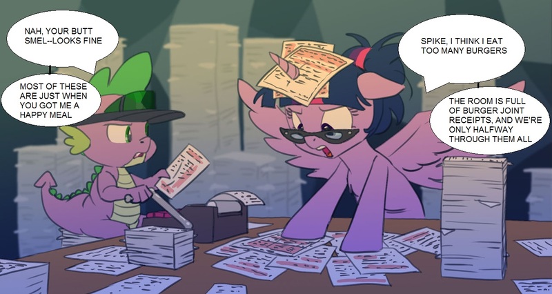 Size: 1280x681 | Tagged: safe, artist:carnifex, derpibooru import, edit, spike, twilight sparkle, twilight sparkle (alicorn), alicorn, dragon, pony, accessories, accounting, adding machine, alternate hairstyle, bipedal, burger, desk, dialogue, duo, female, floppy ears, food, frown, glare, glasses, hair bun, horn, horn impalement, horse taxes, machine, male, mare, open mouth, paper, pile, sitting, spread wings, stressed, table, taxes, this will end in sleeping, visor, wings