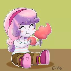 Size: 1000x1000 | Tagged: safe, artist:empyu, derpibooru import, sweetie belle, equestria girls, 30 minute art challenge, :t, blushing, boots, clothes, cotton candy, cute, daaaaaaaaaaaw, diasweetes, eating, eyes closed, female, shoes, sitting, smiling, solo, weapons-grade cute, younger