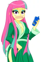 Size: 978x1481 | Tagged: suggestive, artist:rosemile mulberry, derpibooru import, sour sweet, equestria girls, bathrobe, bottle, breasts, clothes, freckles, gag, robe, tape, tape gag