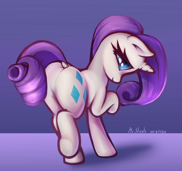 Size: 1361x1278 | Tagged: safe, artist:mrstrats, derpibooru import, rarity, pony, unicorn, butt, dock, female, looking at you, looking back, looking back at you, mare, plot, raised hoof, rearity, solo