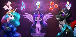 Size: 1844x900 | Tagged: safe, artist:starshinebeast, derpibooru import, king sombra, princess celestia, princess luna, queen chrysalis, twilight sparkle, twilight sparkle (alicorn), alicorn, pony, fanfic, corrupted, corrupted twilight sparkle, evil twilight, fanfic art, fanfic cover, implied tyrant celestia, queen twilight, sombra eyes, twilight is anakin, tyrant sparkle