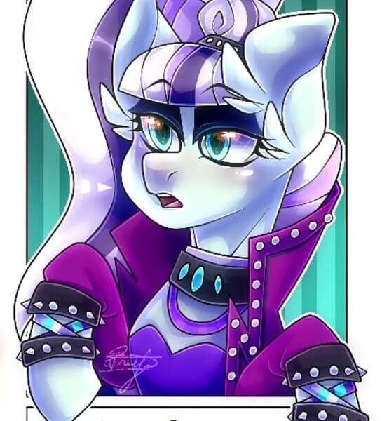 Size: 555x611 | Tagged: safe, alternate version, artist:kooralykrembo, derpibooru import, coloratura, earth pony, pony, bracelet, bust, choker, clothes, countess coloratura, eyelashes, female, makeup, mare, open mouth, signature, solo, spiked choker, spiked wristband, wristband