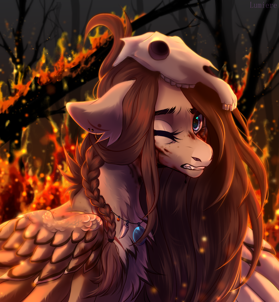 Size: 1200x1300 | Tagged: semi-grimdark, artist:lumiere, derpibooru import, oc, oc:ondrea, pegasus, pony, attack, blood, braid, fire, forest, injured, pain, skull, tribal