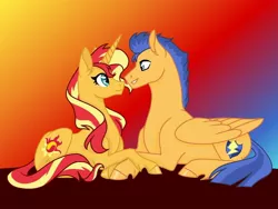 Size: 1024x768 | Tagged: safe, artist:starry-desire, derpibooru import, flash sentry, sunset shimmer, pegasus, pony, unicorn, colored hooves, ear fluff, female, flashimmer, leg fluff, male, mare, profile, prone, shipping, smiling, stallion, straight