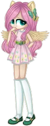 Size: 1280x3189 | Tagged: artist:fantarianna, clothes, derpibooru import, dress, eared humanization, female, fluttershy, hair ornament, human, humanized, kneesocks, looking at you, mary janes, pink dress, plaid skirt, safe, shoes, simple background, socks, solo, standing, transparent background, winged humanization, wings
