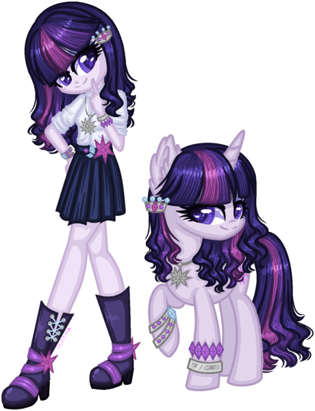 Size: 1208x1575 | Tagged: safe, artist:fantarianna, derpibooru import, rarity, twilight sparkle, oc, oc:violette, human, pony, unicorn, equestria girls, boots, bracelet, clothes, female, fusion, hair ornament, hand on hip, human and pony, humanized, jewelry, lesbian, looking at you, necklace, rarilight, self ponidox, shipping, shoes, simple background, skirt, transparent background, wavy hair