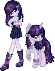 Size: 1208x1575 | Tagged: safe, artist:fantarianna, derpibooru import, rarity, twilight sparkle, oc, oc:violette, human, pony, unicorn, equestria girls, boots, bracelet, clothes, female, fusion, hair ornament, hand on hip, human and pony, humanized, jewelry, lesbian, looking at you, necklace, rarilight, self ponidox, shipping, shoes, simple background, skirt, transparent background, wavy hair