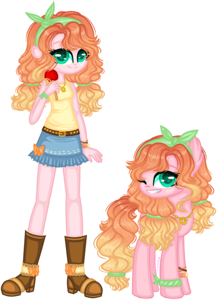 Size: 1280x1773 | Tagged: safe, artist:fantarianna, derpibooru import, applejack, pinkie pie, oc, oc:apple pie, earth pony, human, pony, equestria girls, boots, candied apple, candy, clothes, curly hair, denim skirt, female, food, fusion, headband, human and pony, humanized, jewelry, looking at you, necklace, one eye closed, pigtails, self ponidox, shoes, simple background, skirt, transparent background, twintails, two toned hair, two toned mane, wink