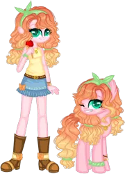 Size: 1280x1773 | Tagged: safe, artist:fantarianna, derpibooru import, applejack, pinkie pie, oc, oc:apple pie, earth pony, human, pony, equestria girls, boots, candied apple, candy, clothes, curly hair, denim skirt, female, food, fusion, headband, human and pony, humanized, jewelry, looking at you, necklace, one eye closed, pigtails, self ponidox, shoes, simple background, skirt, transparent background, twintails, two toned hair, two toned mane, wink