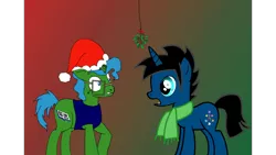 Size: 1920x1080 | Tagged: safe, artist:flyingcentar3, derpibooru import, oc, unofficial characters only, pony, unicorn, broken horn, christmas, clothes, glasses, hat, holiday, horn, male, mistletoe, oc x oc, santa hat, scarf, shipping, shirt, stallion