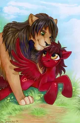 Size: 565x872 | Tagged: safe, artist:imanika, derpibooru import, oc, unofficial characters only, big cat, lion, pegasus, pony, commission, cutie mark, female, mare, traditional art, wings