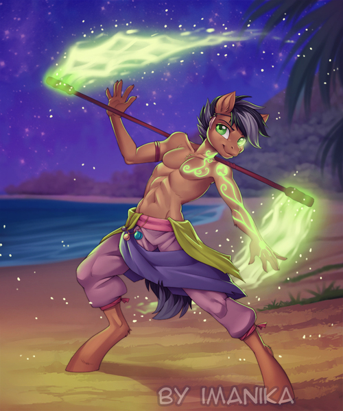 Size: 717x861 | Tagged: safe, alternate version, artist:imanika, derpibooru import, oc, unofficial characters only, anthro, earth pony, unguligrade anthro, beach, clothes, commission, digital art, fire, glow, looking at you, magic, male, ocean, pants, partial nudity, solo, topless, tree, ych result