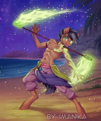 Size: 717x861 | Tagged: safe, alternate version, artist:imanika, derpibooru import, oc, unofficial characters only, anthro, earth pony, unguligrade anthro, beach, clothes, commission, digital art, fire, glow, looking at you, magic, male, ocean, pants, partial nudity, solo, topless, tree, ych result