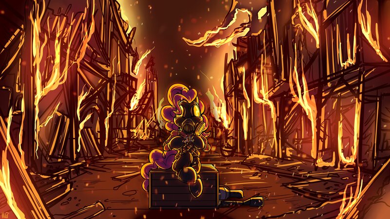 Size: 3840x2160 | Tagged: safe, artist:pirill, derpibooru import, pinkie pie, earth pony, pony, crate, embers, fire, flamethrower, gas mask, houses, mask, meet the pyro, pinkie pyro, playing, pony figurines, pyro, sitting, smoke, solo, team fortress 2, weapon