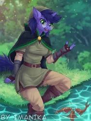 Size: 665x885 | Tagged: safe, artist:imanika, derpibooru import, oc, unofficial characters only, anthro, fish, unicorn, boots, breasts, clothes, commission, digital art, feeding, female, glasses, gloves, grass, hat, horn, river, shoes, solo, tail, water, ych result