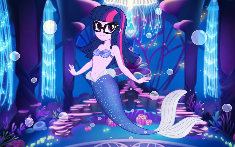 Size: 3776x2370 | Tagged: safe, artist:invisibleink, derpibooru import, sci-twi, twilight sparkle, mermaid, equestria girls, bubble, glasses, mermaidized, shell bra, smiling, solo, species swap, tail, throne, underwater