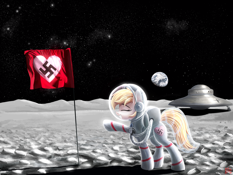 Size: 4000x2998 | Tagged: safe, artist:atlas-66, derpibooru import, oc, oc:aryanne, pony, art pack:marenheit 451, /mlp/, aryan, aryan pony, astronaut, balkenkreuz, crossover, cute, earth, female, flag, flying saucer, happy, heart, heil, moon, nazi, nazipone, parody, science, space, spacesuit, swastika, ufo, video game, wolfenstein, wolfenstein the new order