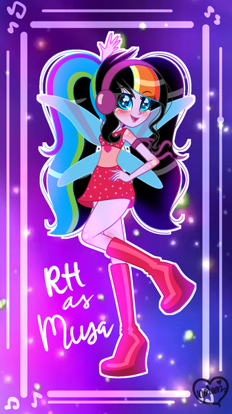 Size: 1239x2205 | Tagged: safe, artist:gihhbloonde, artist:noreentheartist, derpibooru import, oc, oc:rainbow heart, fairy, human, equestria girls, barely eqg related, base used, boots, clothes, crossover, dress, equestria girls style, equestria girls-ified, fairy wings, hand on hip, headphones, jewelry, magic winx, musa, necklace, pigtails, shoes, wings, winx club, winxified