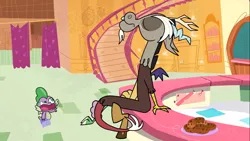 Size: 1366x768 | Tagged: cookie, derpibooru import, discord, dragon, food, my little pony: pony life, plate, plate of cookies, safe, screencap, spike, staircase, stairs, winged spike