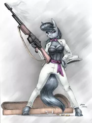 Size: 1492x2000 | Tagged: safe, artist:baron engel, artist:catd-nsfw, color edit, derpibooru import, edit, octavia melody, anthro, earth pony, assault rifle, bar m1918, bowtie, brass case, bullet, colored, guitar case, gun, looking at you, mafia, mafia octavia, rifle, simple background, smiling, smoke, solo, weapon