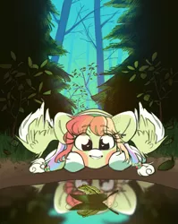 Size: 2047x2566 | Tagged: safe, artist:klooda, derpibooru import, oc, oc:sammy, unofficial characters only, frog, pegasus, pony, commission, cute, detailed, detailed background, female, forest, lake, leaves, lying down, mare, pegasus oc, reflection, smiling, solo, spread wings, tree, wings, ych result