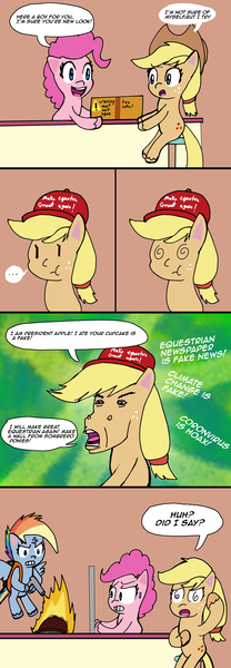 Size: 3513x10119 | Tagged: safe, artist:helsaabi, derpibooru import, applejack, pinkie pie, rainbow dash, earth pony, pegasus, pony, how applejack got her hat back, my little pony: pony life, spoiler:pony life s01e04, burning, comic, coronavirus, covid-19, donald trump, donaldjack, engrish, fire, flamethrower, fragile, hat, kill it with fire, make equestria great again, politics, swirly eyes, weapon