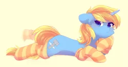 Size: 1886x997 | Tagged: safe, artist:solnuh, derpibooru import, oc, oc:skydreams, unofficial characters only, pony, unicorn, blushing, clothes, commission, cute, ear fluff, female, lying down, mare, socks, solo, striped socks, ych result