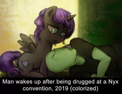 Size: 1010x781 | Tagged: safe, artist:plotcore, derpibooru import, oc, oc:anon, oc:nyx, ponified, alicorn, human, pony, /mlp/, 4chan, blushing, drawthread, fake history, female, filly, meme, ponified meme