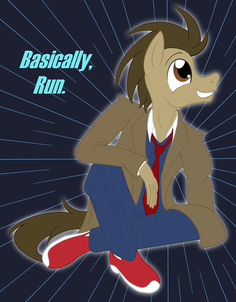 Size: 1743x2229 | Tagged: abstract background, anthro, artist:sixes&sevens, clothes, derpibooru import, doctor who, doctor whooves, necktie, safe, shoes, sitting, smiling, sneakers, suit, tenth doctor, time turner