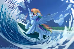 Size: 3000x2000 | Tagged: safe, artist:emeraldgalaxy, derpibooru import, rainbow dash, pegasus, pony, lighthouse, ocean, open mouth, solo, surfboard, surfing, watermark