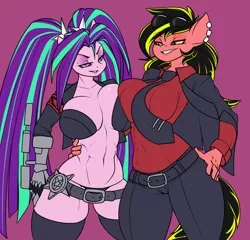 Size: 2500x2400 | Tagged: suggestive, artist:elzzombie, derpibooru import, aria blaze, oc, oc:high gear, anthro, earth pony, abs, belt, big breasts, boob squish, breasts, busty aria blaze, clothes, cosplay, costume, ear piercing, eyeshadow, gauntlet, helltaker, judgement, justice, lipstick, makeup, necktie, panties, pants, piercing, pigtails, smiling, socks, suit, sunglasses, thigh highs, thong, twintails, underwear