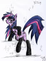 Size: 962x1280 | Tagged: suggestive, artist:peperoger, artist:skutchi, derpibooru import, twilight sparkle, pony, unicorn, ask twilight sparkle, body writing, both cutie marks, butt, clothes, colored, featureless crotch, female, fishnets, looking at you, looking back, mare, mascara, plot, simple background, socks, solo, stockings, tattoo, thigh highs, transparent background, unicorn twilight