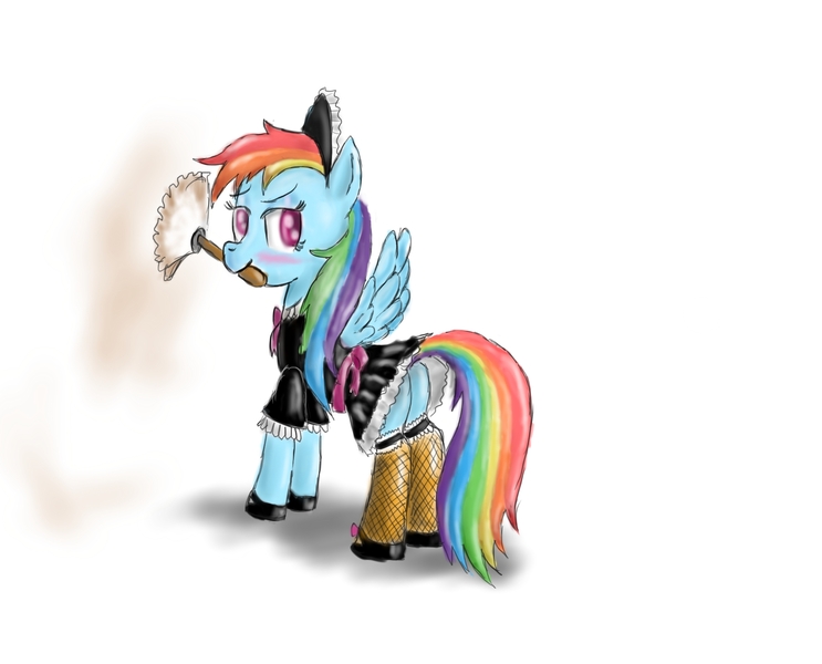 Size: 1772x1431 | Tagged: safe, artist:peperoger, derpibooru import, rainbow dash, pegasus, pony, blushing, butt, clothes, duster, female, maid, mare, mouth hold, plot, simple background, solo, white background