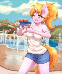 Size: 2939x3543 | Tagged: safe, artist:mintjuice, derpibooru import, oc, oc:maya northwind, unofficial characters only, anthro, unicorn, anthro oc, commission, female, fight, looking at each other, mare, smiling, solo, water park, watergun