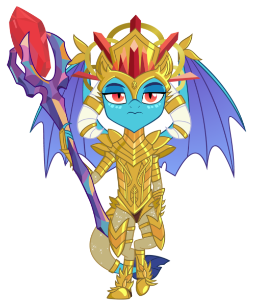 Size: 600x714 | Tagged: armor, artist:queencold, bloodstone scepter, crown, derpibooru import, dragon, dragoness, dragon lord ember, female, gold, head dress, jewelry, princess ember, regalia, safe, simple background, solo, sparkles, transparent background