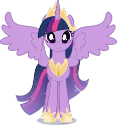 Size: 4197x4500 | Tagged: safe, artist:limedazzle, derpibooru import, princess twilight 2.0, twilight sparkle, twilight sparkle (alicorn), alicorn, pony, the last problem, absurd resolution, alternate design, crown, female, front view, hoof shoes, jewelry, looking at you, mare, necklace, older, older twilight, peytral, redesign, regalia, simple background, smiling, solo, sparkling, spread wings, standing, tiara, transparent background, vector, wings