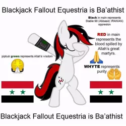 Size: 900x900 | Tagged: safe, derpibooru import, oc, oc:blackjack, pony, unicorn, fallout equestria, fallout equestria: project horizons, bipedal, dab, eyes closed, fanfic art, female, mare, simple background, syria, text, white background