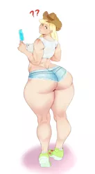 Size: 2032x3720 | Tagged: applebucking thighs, applebutt, applejack, applejacked, applejack's hat, artist:sundown, breasts, butt, clothes, cowboy hat, daisy dukes, derpibooru import, female, food, freckles, hat, human, humanized, jacqueline applebuck, legs, looking at you, looking back, looking back at you, midriff, muscles, popsicle, sexy, shoes, shorts, socks, solo, solo female, standing, suggestive, sweat, that one freckle, the ass was fat, thicc ass, thick, thigh highs, thighs, underwear