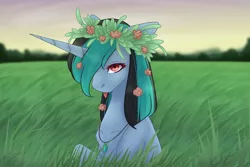 Size: 1080x720 | Tagged: safe, artist:chrystal_company, derpibooru import, oc, unofficial characters only, unicorn, bust, floral head wreath, flower, grass, hair over one eye, horn, jewelry, necklace, outdoors, solo, unicorn oc