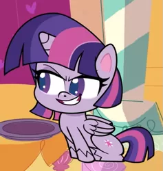 Size: 567x597 | Tagged: safe, derpibooru import, screencap, twilight sparkle, twilight sparkle (alicorn), alicorn, pony, my little pony: pony life, confident, cropped, evil grin, grin, sitting, smiling, solo