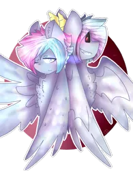 Size: 979x1255 | Tagged: safe, artist:shinningblossom12, derpibooru import, oc, unofficial characters only, demon, demon pony, original species, pegasus, pony, black sclera, bust, chest fluff, duality, female, grin, horns, mare, one eye closed, pegasus oc, simple background, smiling, sombra eyes, transparent background, wings, wink